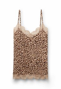 Leopardmönstrad camitopp i tan och brunt med delikat spetsdetalj längs halsringningen och kanten; justerbara spaghettiaxlar.