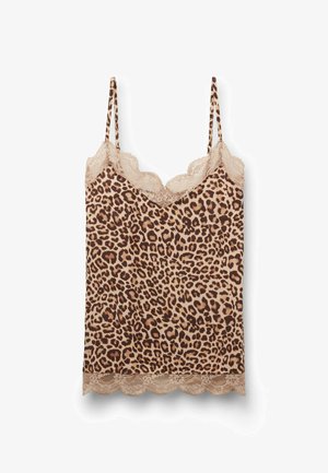 Top en cami imprimé léopard couleur caramel et marron, avec une délicate dentelle le long de l'encolure et de l'ourlet ; bretelles spaghetti réglables.