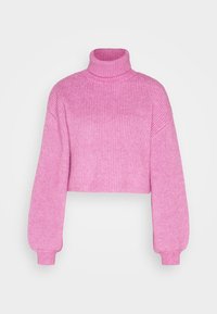 Pull court rose avec un col roulé haut, texture côtelée et manches longues légèrement bouffantes. Caractérisé par une couleur unie sans motifs.