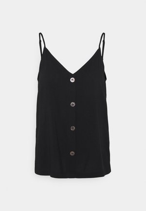 Camisole noire sans manches avec fines bretelles et encolure en V, ornée d'une rangée frontale de quatre boutons ronds.