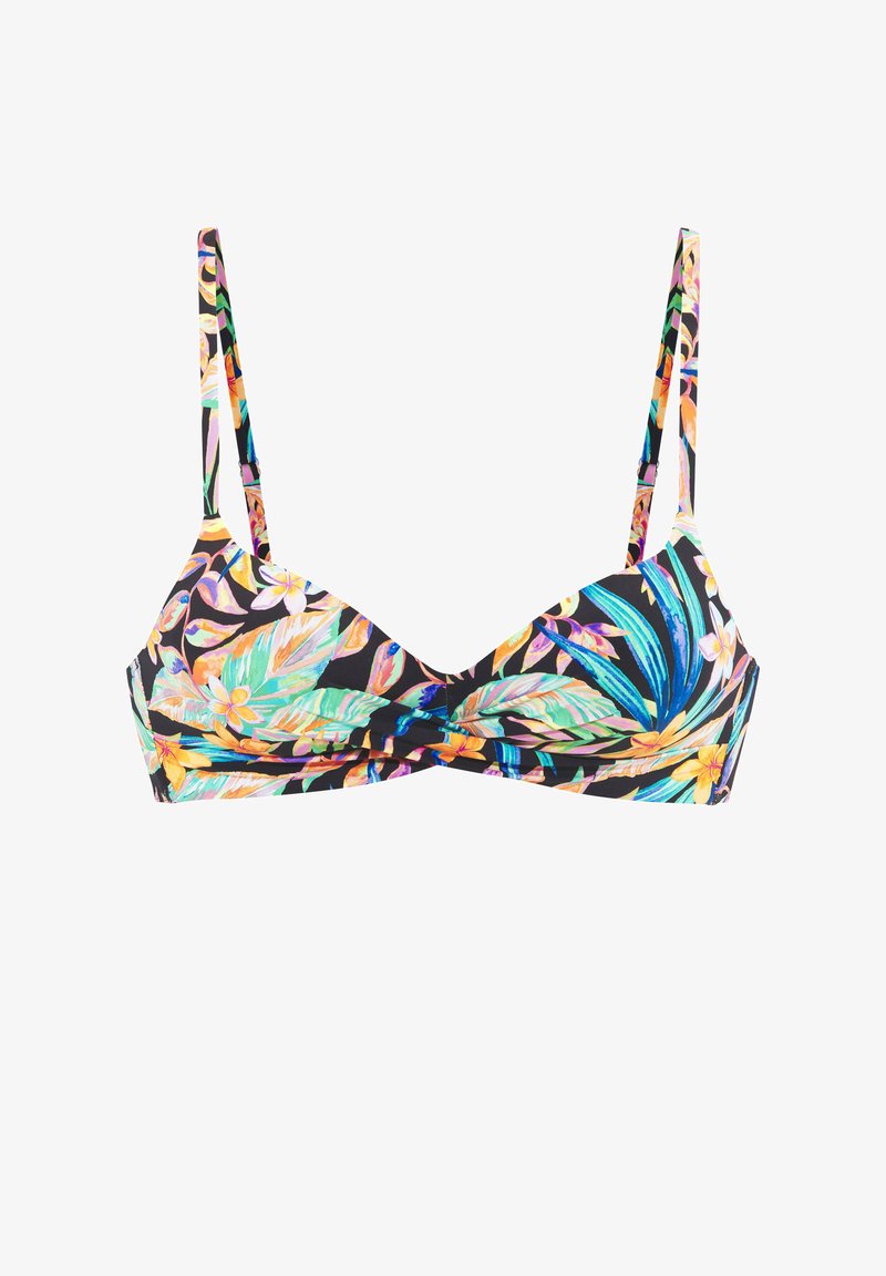 Bikini top featuring a floral pattern with green and orange leaves on a black background, adjustable straps, and a twisted front design.