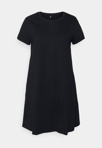 Vestido preto feito de algodão, com decote redondo e mangas curtas. Silhueta em A com uma textura lisa e uniforme, sem padrões.