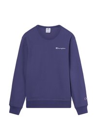 Sudadera de cuello redondo morada, hecha de tela suave, que presenta un pequeño logo blanco de "Champion" en el pecho y puños y dobladillo acanalados.