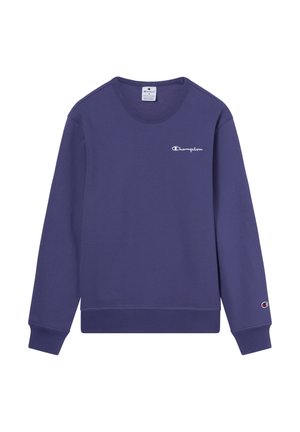 Lila Crewneck-Sweatshirt aus weichem Stoff, mit einem kleinen weißen "Champion"-Logo auf der Brust sowie gerippten Bündchen und Saum.