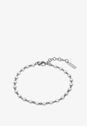 Silbernes Gliederarmband mit runden Gliedern, Karabinerverschluss, verstellbarer Verlängerung und kleinem rechteckigem Anhänger mit der Gravur "JETTE".