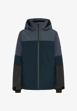Men's hooded jacket featuring a color-block design in dark blue and grey, made of smooth fabric with front zipper and adjustable cuffs.