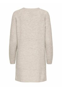 Strickkleid in hellbeige mit gerippter Textur, langen Ärmeln und rundem Ausschnitt, mit geradem Schnitt und Oberschenkellänge.