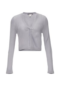 Lichtgrijze cropped cardigan van ribbelstof, met lange mouwen, een V-hals en knoopsluiting. Gladde textuur met subtiele stretch.