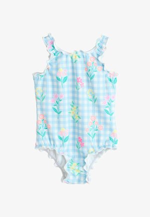 Svetlo modra enodelna kopalna obleka z gingham vzorcem in cvetličnimi potiski v roza, rumeni in zeleni barvi. Ima naramnice z volančki in rob s cikcak vzorcem.