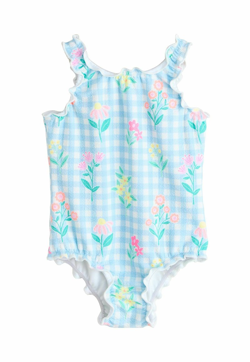 Svetlo modra enodelna kopalna obleka z gingham vzorcem in cvetličnimi potiski v roza, rumeni in zeleni barvi. Ima naramnice z volančki in rob s cikcak vzorcem.