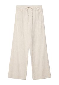 Pantalon crème à jambes larges en tissu texturé avec broderie florale, doté d'une taille à cordon et de deux poches avant.