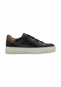 Sneaker in pelle nera con una suola spessa bianca, accentuazioni in bronzo a contrasto e lacci rotondi. Presenta una texture rialzata sulla suola.