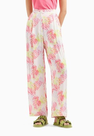 Leichte, hochgeschnittene Hosen mit einem lebhaften abstrakten Muster in Pink, Gelb und Lavendel. Entspannt geschnitten mit einer glatten Textur.