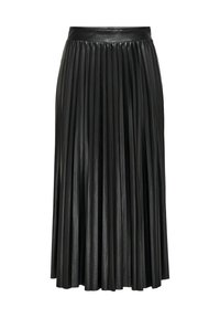 Jupe plissée en cuir noir avec une taille haute. Présente des plis verticaux et une texture lisse. Conçue pour une longueur mi-mollet.