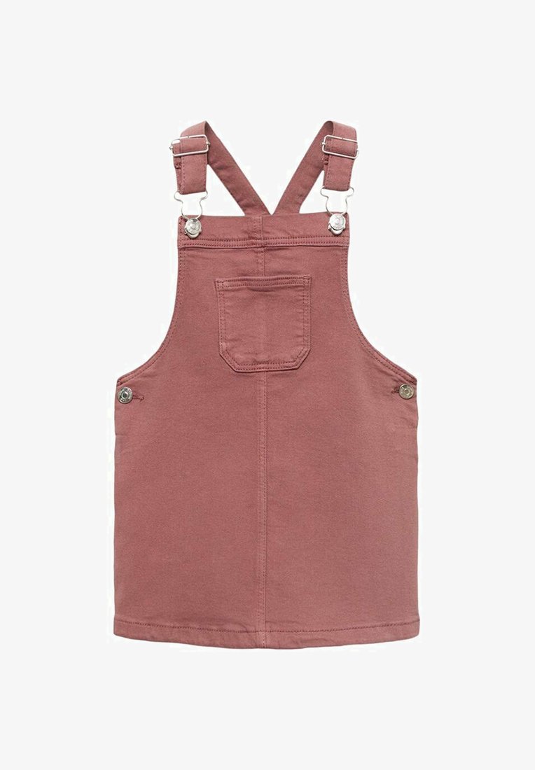 Roza bombažna obleka s prilagodljivimi naramnicami, sprednjim žepom, kovinskimi detajli in šivanjem. Gladka tekstura in dolžina do kolen.