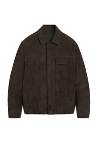 Giacca in camoscio marrone con scollo con colletto, due tasche sul petto e design a taglio dritto. Tessuto morbido e dettagli minimalisti.