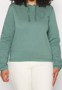 Grön bomullshuvtröja med dragsko, ribbade ärmmuddar och broderad logga på bröstet. Mjuk textur, avslappnad passform och enkel design.