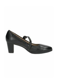 Černé kožené lodičky s špičatou špičkou, kotníkovým páskem a nízkým podpatkem. Hladký povrch s minimálními designovými akcenty.