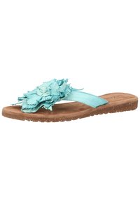 Turkoosi varvassandaali, jossa on kuvioitu kukkakoriste, nahkahihnat ja ruskea kumipohja, jossa on kuvioitu pito.
