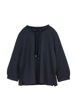 Marine blauwe pullover met een brede halslijn, trekkoord en driekwartmouwen. Bevat zijslitsen en een gladde, gestructureerde stof.