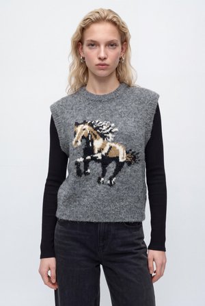 Femme blonde portant un pull sans manches gris avec un motif de cheval sur une chemise noire à manches longues et un pantalon foncé, debout devant un fond blanc.