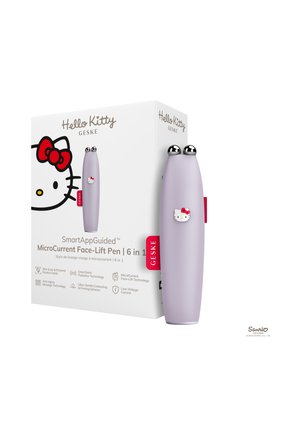 Stylo de lifting facial à microcourants Hello Kitty lavande avec doubles sphères argentées, présenté à côté de sa boîte blanche avec branding et caractéristiques.