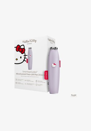 Stylo de lifting facial à microcourants Hello Kitty lavande avec doubles sphères argentées, présenté à côté de sa boîte blanche avec branding et caractéristiques.