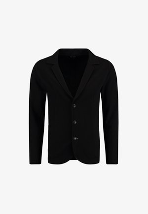 Black blazer made of soft fabric, featuring a notched lapel, single-breasted design, and four front buttons. Simple and tailored cut.