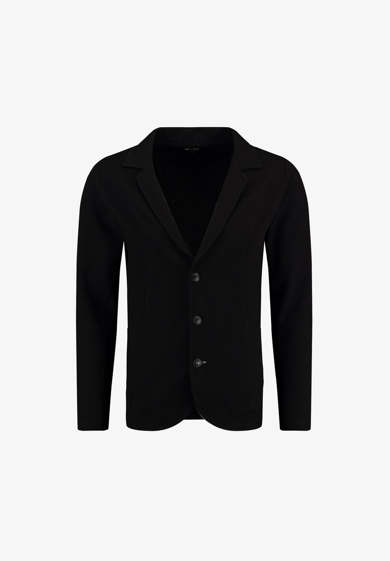 Veste noire en tissu doux, avec un revers cranté, design à boutonnière simple et quatre boutons sur le devant. Coupe simple et ajustée.