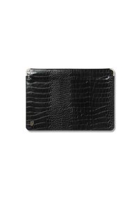 Black crocodile-pattern leather laptop sleeve with metal corner protectors and small gold logo in the bottom left corner.