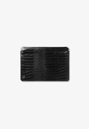 Black crocodile-pattern leather laptop sleeve with metal corner protectors and small gold logo in the bottom left corner.