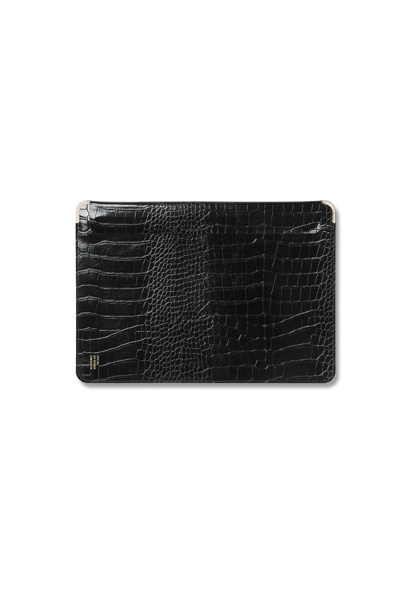 Black crocodile-pattern leather laptop sleeve with metal corner protectors and small gold logo in the bottom left corner.