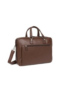 Brązowa skórzana aktówka z podwójnymi uchwytami, odczepianym paskiem na ramię, przednią kieszenią na zamek oraz gładką teksturą. Główna komora zapinana na zamek.