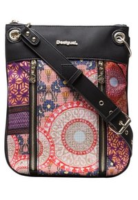 Black leather and patterned fabric crossbody bag with multiple zippered compartments, featuring geometric designs in pink, red, and blue hues.