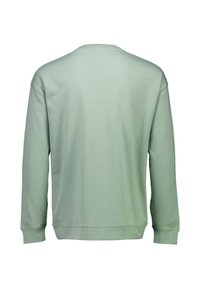 Zielony bawełniany sweter z długimi rękawami, okrągłym dekoltem i ribbowymi mankietami. Gładka tekstura o prostym, nieozdobionym wzorze.