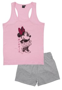 Top senza maniche di colore rosa con un disegno nero di un personaggio e il testo "MINNIE", abbinato a pantaloni corti in cotone grigio chiaro.