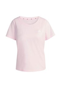 Jasnoróżowa koszulka z krótkim rękawem, wykonana z miękkiego materiału. Posiada okrągły dekolt i małe białe logo na lewej piersi. Prosty wzór.