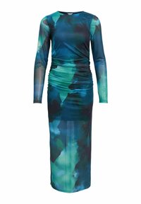 Robe à manches longues avec un motif abstrait vert-bleu. Fabriquée dans un tissu lisse et extensible avec des détails froncés sur le côté. Longueur jusqu'au sol.