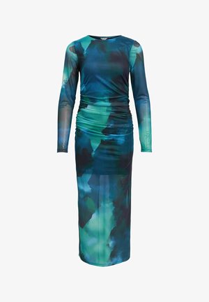 Long-sleeve dress in a blue-green abstract pattern. Made of a smooth, stretchy fabric with gathered detailing along the side. Floor-length.