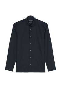 Granatowa koszula z długim rękawem wykonana z miękkiego materiału. Posiada kołnierzyk zapinany na guziki oraz subtelne logo na lewej piersi. Regularny krój.