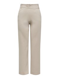 Pantalons beiges en tissu léger avec une coupe droite. Dotés d'une taille plate et d'une texture subtile sur l'ensemble.