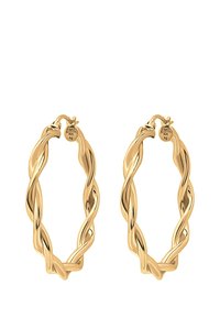 Gyldne snoede hoop øreringe, som har en glat metaloverflade med en skinnende finish, der viser et unikt spiraldesign og en sikker lukning.