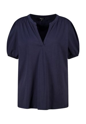 Blouse bleu marine à manches courtes avec un col rond et une encoche en V, dotée de manches élastiques froncées et d'une texture de tissu douce.