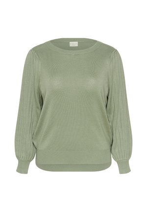 Svetlozelený pletený sveter s okrúhlym výstrihom, rebrovanými nafúknutými rukávmi a voľným strihom. Mäkká textúra s hladkým povrchom.