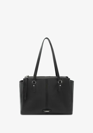 Black leather tote bag with two long handles, textured finish, zip top closure, front vertical slots, and metal logo accent.