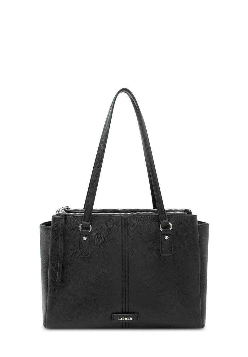Black leather tote bag with two long handles, textured finish, zip top closure, front vertical slots, and metal logo accent.