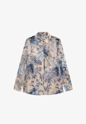 Chemise à manches longues à boutons avec une base beige et un motif d’imprimé tropical de fleurs et de feuilles en bleu, violet et gris.