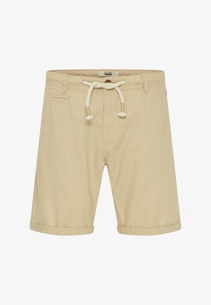 Béžové kraťasy s vyťahovacím pásom, s prehnutými manžetami a jednou zadnou vreckom. Vyrobené z ľahkého materiálu s hladkou textúrou.