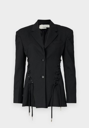 Schwarzer taillierter Blazer mit dekorativen Schnürseiten und Kordelzügen. Hergestellt aus strapazierfähigem Stoff, mit klassischen Revers und Knöpfen.