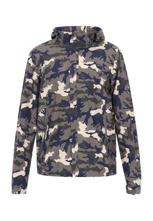 Kamo jachetė, pasižyminti pilkos, tamsiai mėlynos ir kreminės spalvų deriniu, su gobtuvu, užtrauktuku ir šoninėmis kišenėmis. Pagaminta iš tekstūruoto audinio.